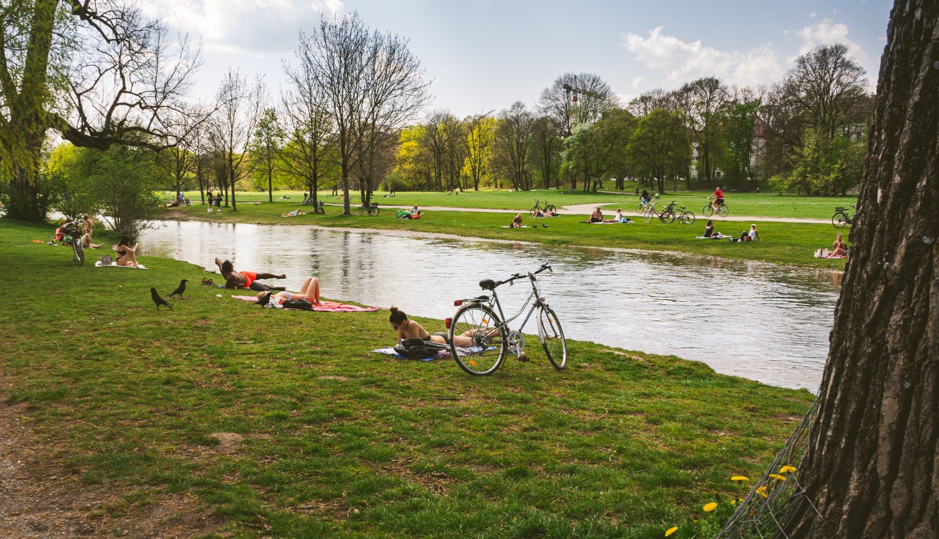 Personnes se détendant sur l’herbe au bord de l’eau dans le Jardin anglais de Munich